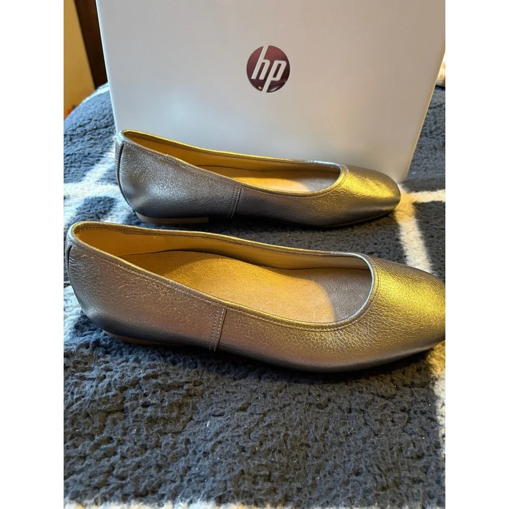 Vionic Orinda Pewter Metallic Leather Square Toe Ballet Flats Women 8 M Orthotic
